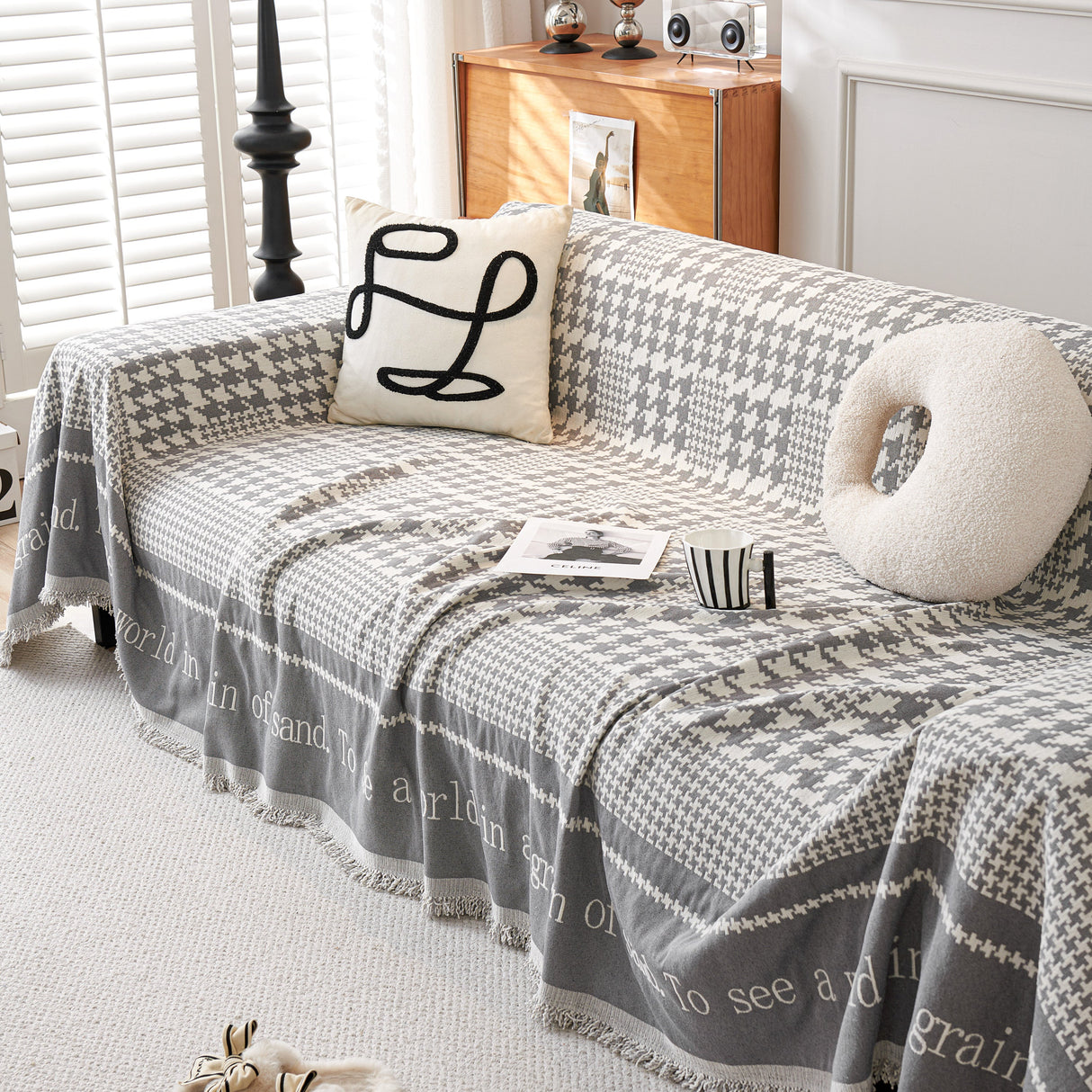 Chenille Houndstooth Couch Cover, Chaise Lounge Blanket Cover, Sectional Couch Scratch Protector