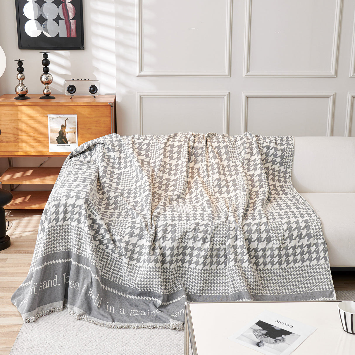 Chenille Houndstooth Couch Cover, Chaise Lounge Blanket Cover, Sectional Couch Scratch Protector