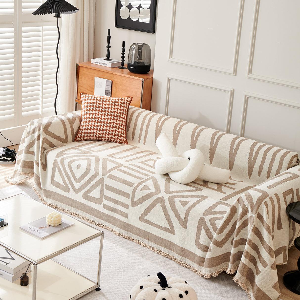 Chenille Geometric Sofa Throw Blanket, Boho Washable Furniture Throw Covers for Sofa