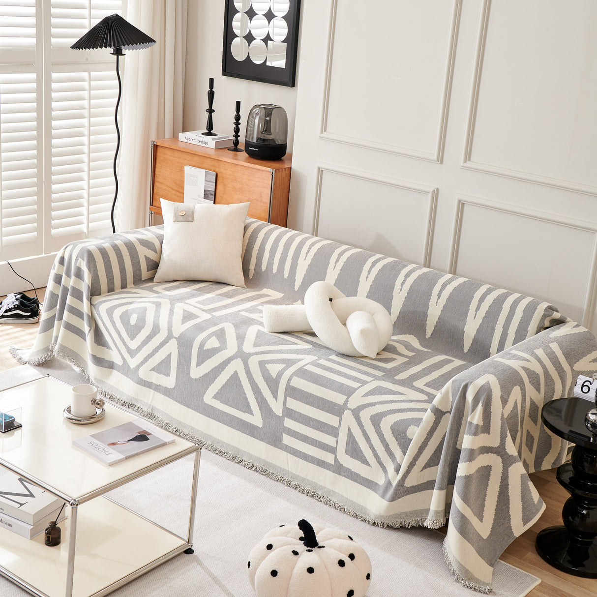 Chenille Geometric Sofa Throw Blanket, Boho Washable Furniture Throw Covers for Sofa