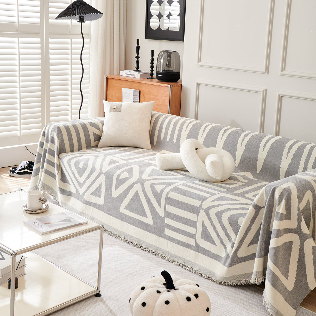 Chenille Geometric Sofa Throw Blanket, Boho Washable Furniture Throw Covers for Sofa