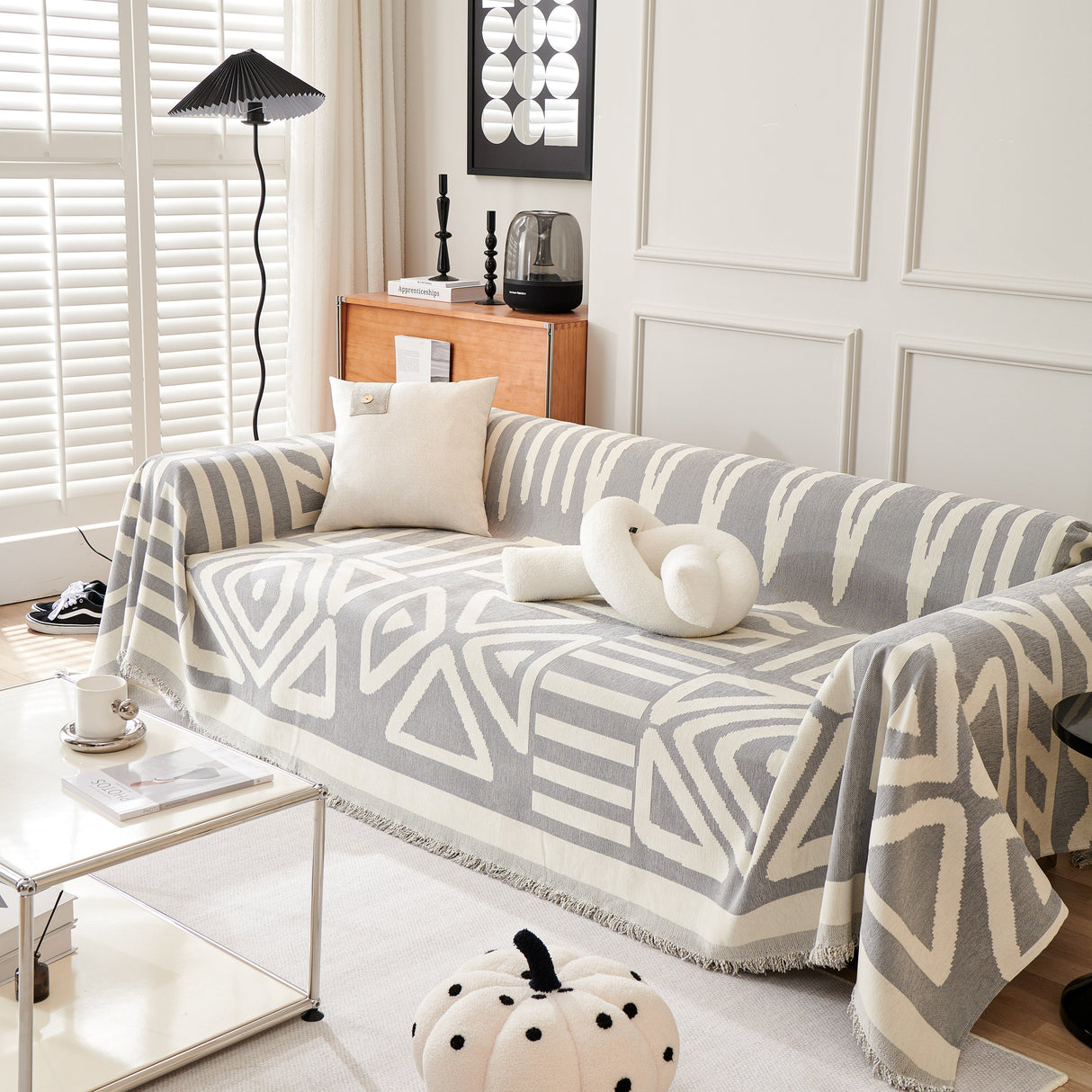 Chenille Geometric Sofa Throw Blanket, Boho Washable Furniture Throw Covers for Sofa