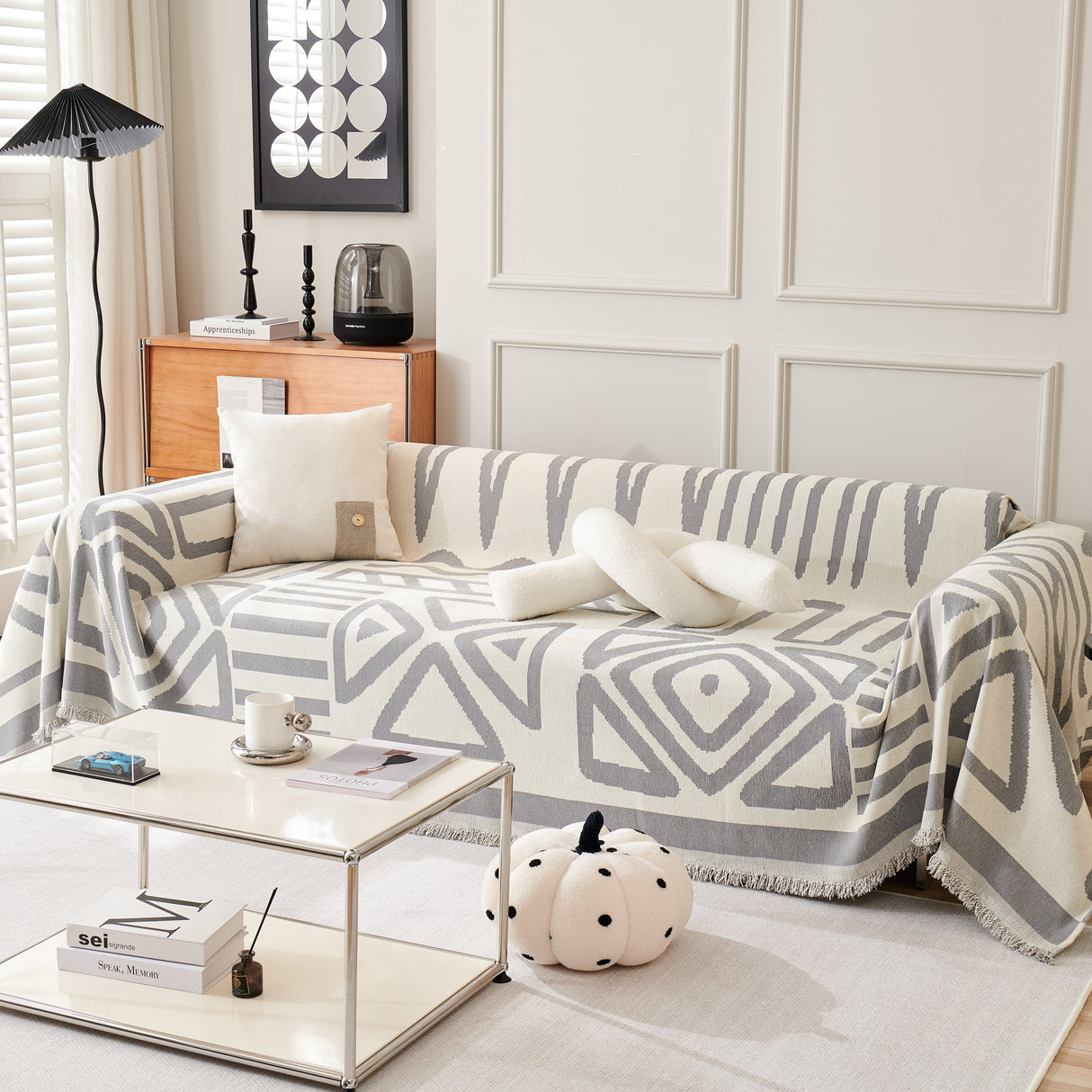 Chenille Geometric Sofa Throw Blanket, Boho Washable Furniture Throw Covers for Sofa