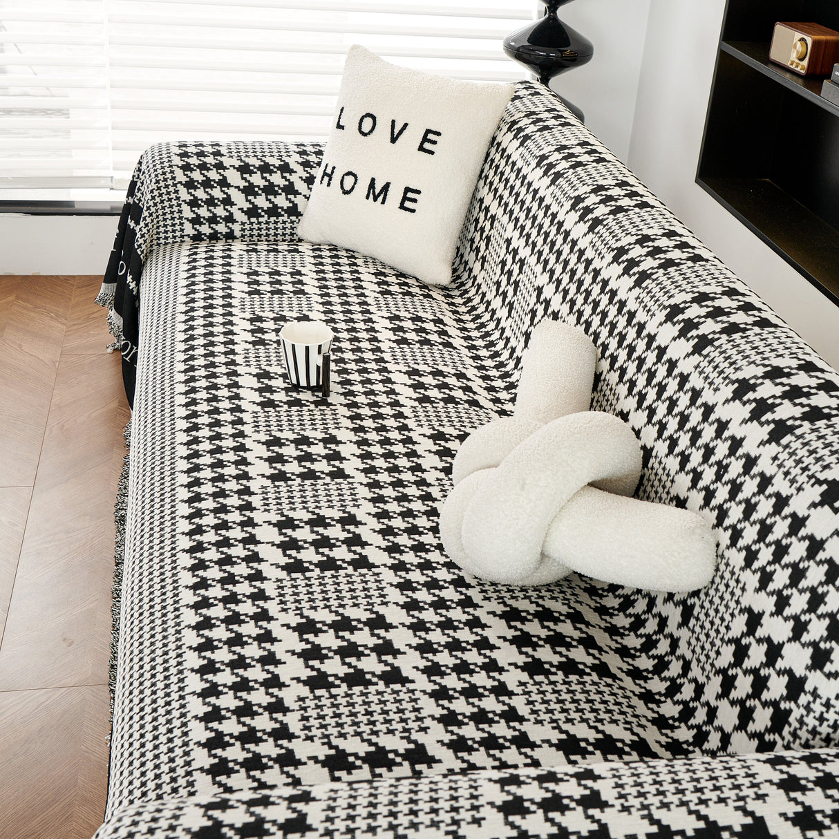 Chenille Houndstooth Couch Cover, Chaise Lounge Blanket Cover, Sectional Couch Scratch Protector