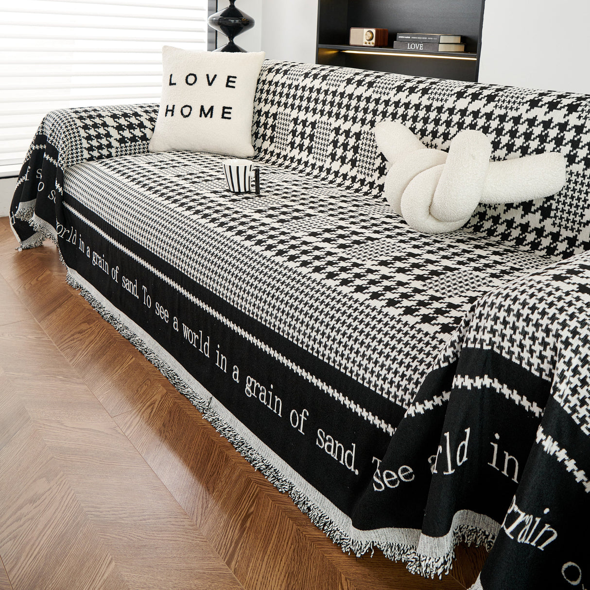 Chenille Houndstooth Couch Cover, Chaise Lounge Blanket Cover, Sectional Couch Scratch Protector