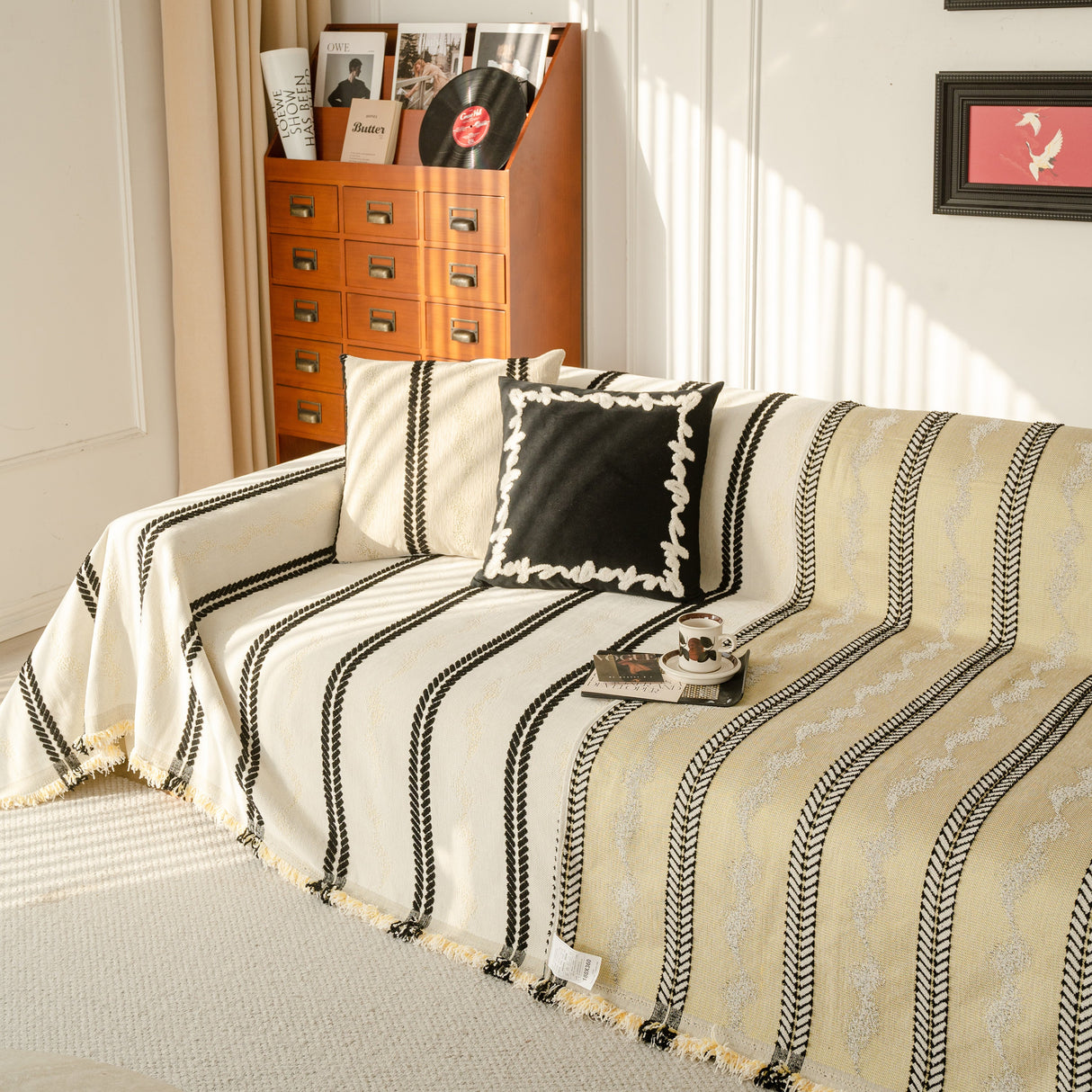 Boho Couch Throw Blanket with Textured Stripes, Sofa Cover for Living Room Decor