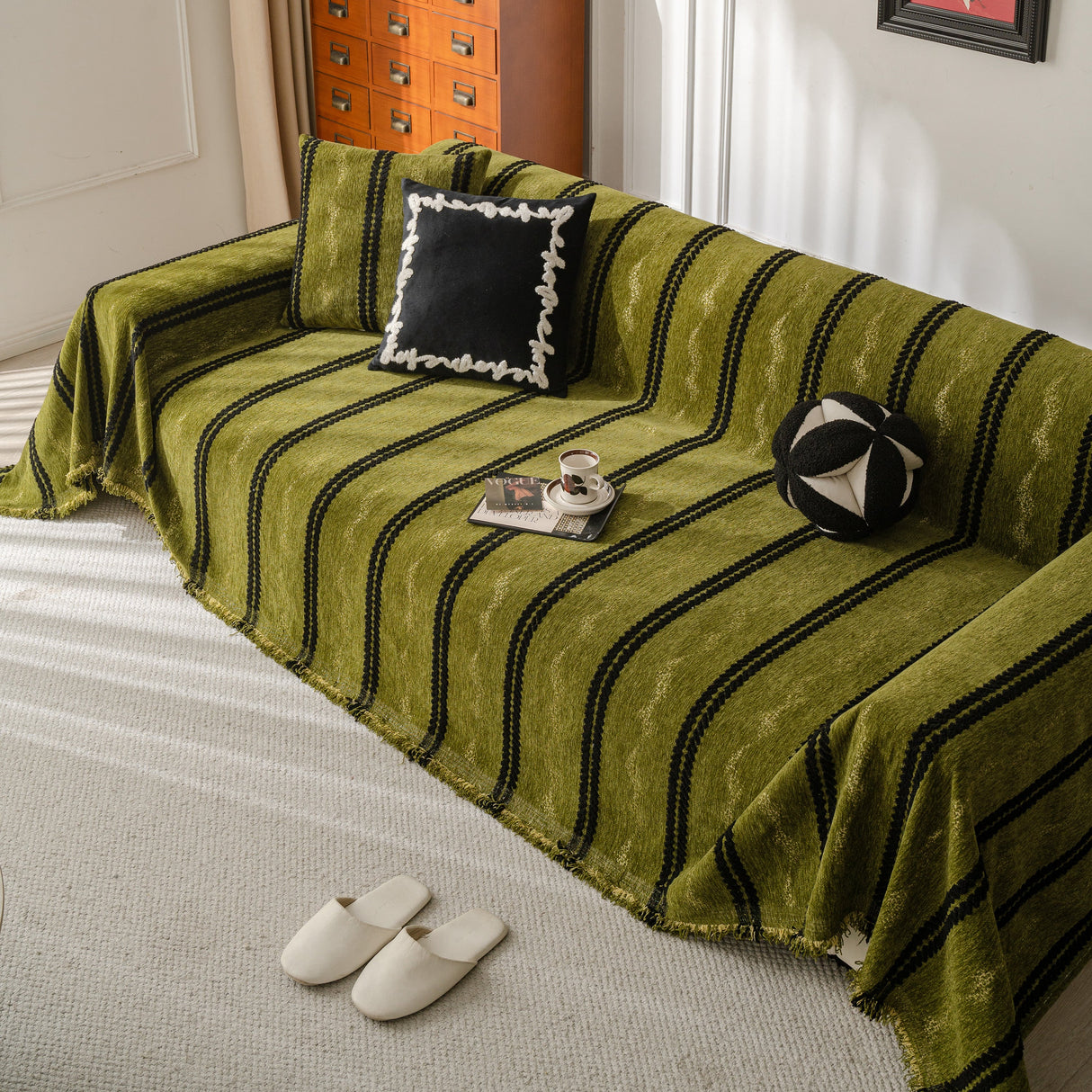 Boho Couch Throw Blanket with Textured Stripes, Sofa Cover for Living Room Decor