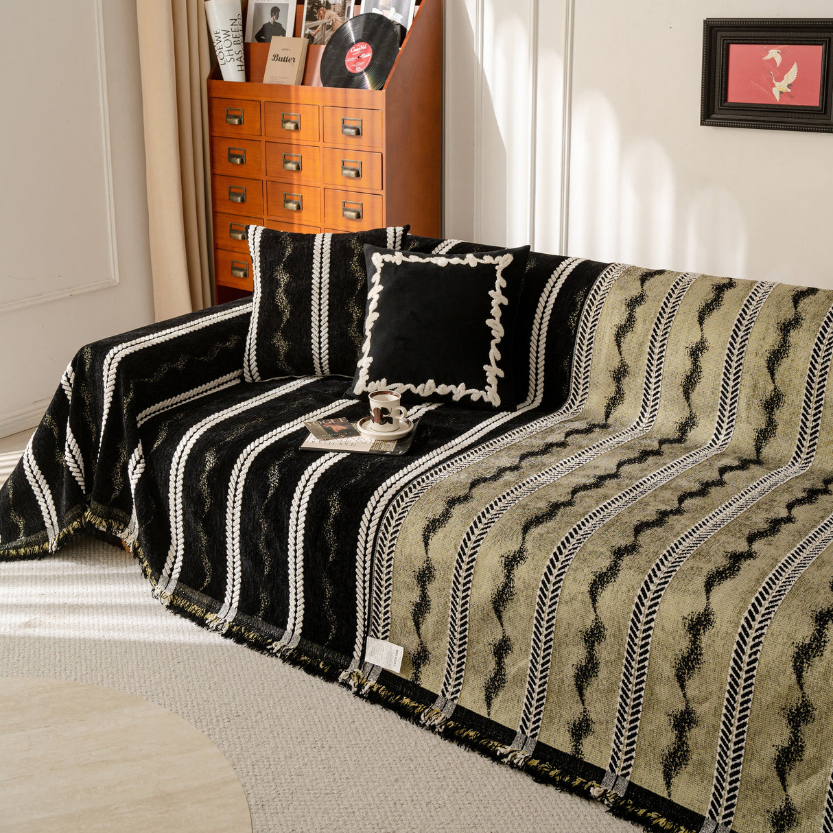 Boho Couch Throw Blanket with Textured Stripes, Sofa Cover for Living Room Decor