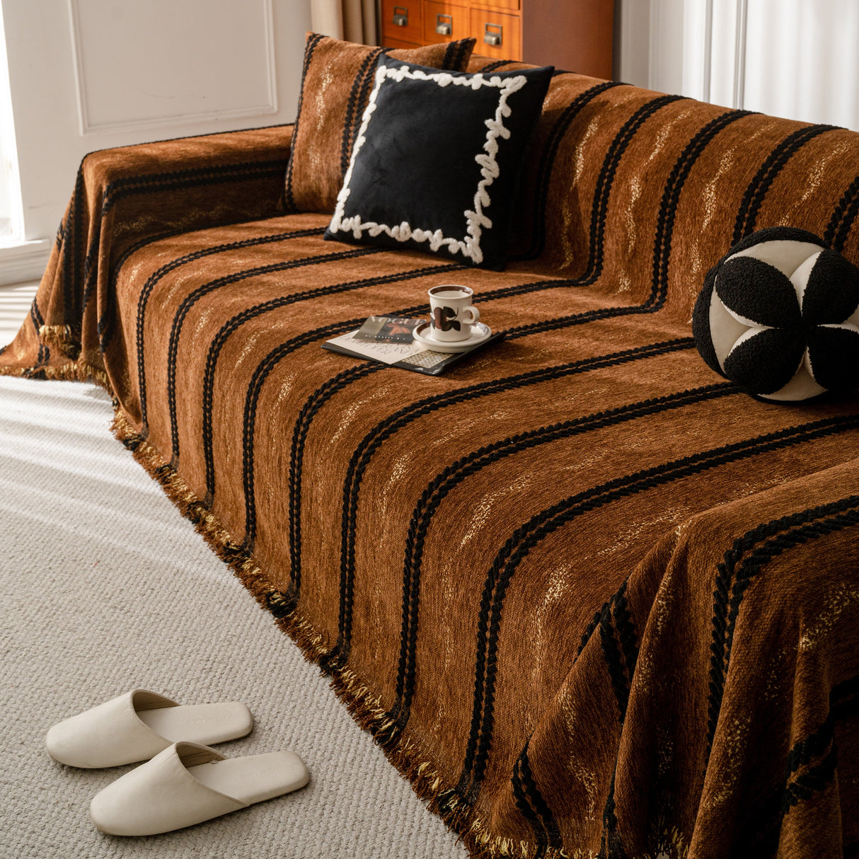 Boho Couch Throw Blanket with Textured Stripes, Sofa Cover for Living Room Decor