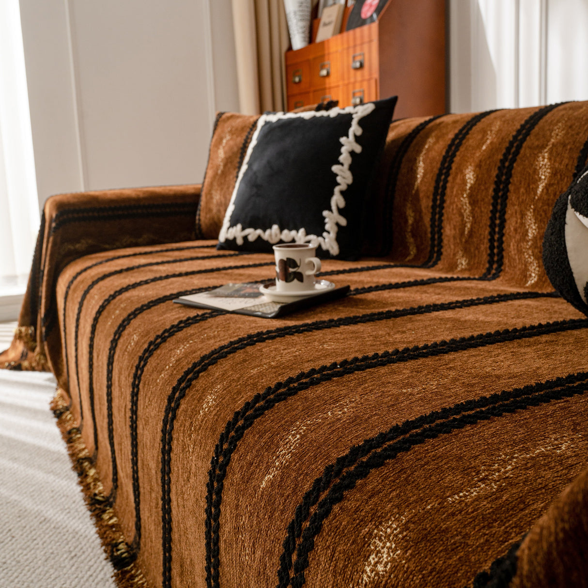 Boho Couch Throw Blanket with Textured Stripes, Sofa Cover for Living Room Decor