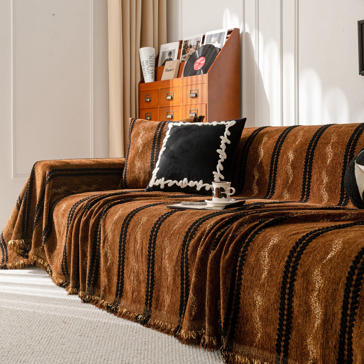 Boho Couch Throw Blanket with Textured Stripes, Sofa Cover for Living Room Decor