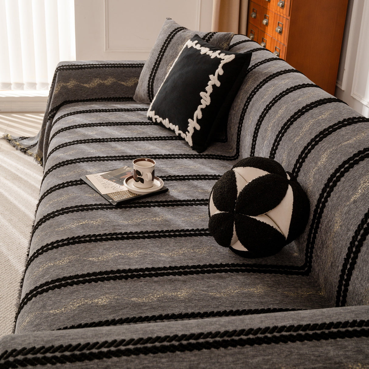 Boho Couch Throw Blanket with Textured Stripes, Sofa Cover for Living Room Decor