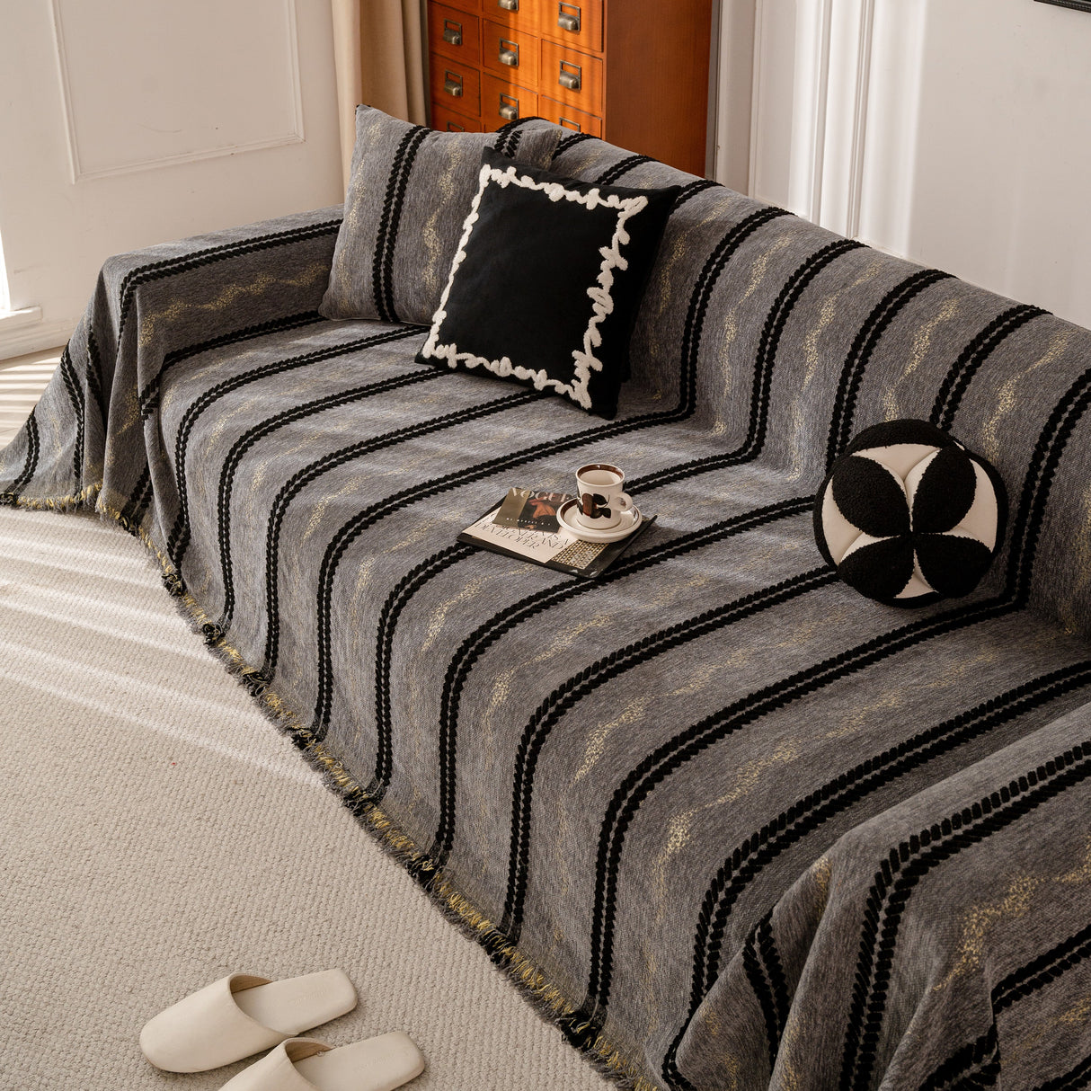 Boho Couch Throw Blanket with Textured Stripes, Sofa Cover for Living Room Decor