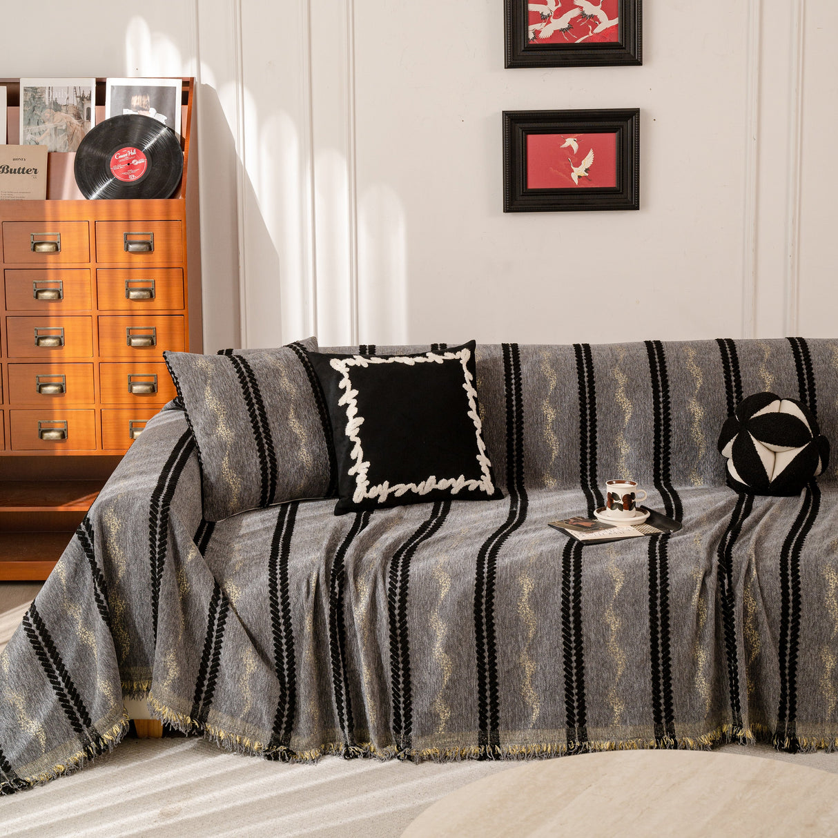 Boho Couch Throw Blanket with Textured Stripes, Sofa Cover for Living Room Decor