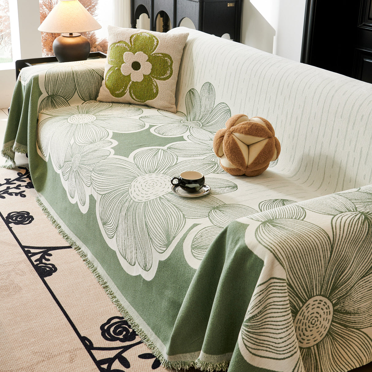 Floral Sofa Slipcovers Reversible Sofa Throw Covers with Tassels Pretty Furniture Covers for Sofas