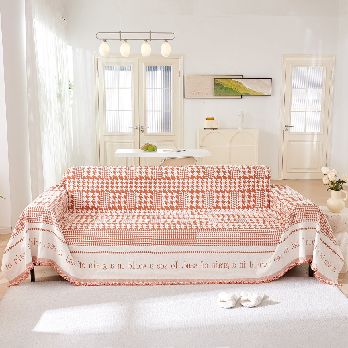 Chenille Houndstooth Couch Cover, Chaise Lounge Blanket Cover, Sectional Couch Scratch Protector