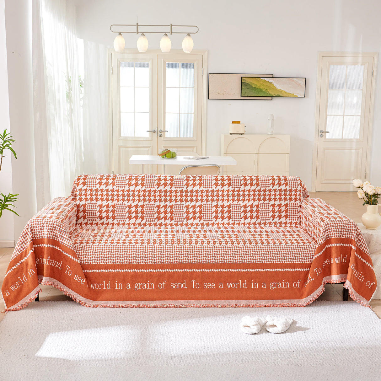 Chenille Houndstooth Couch Cover, Chaise Lounge Blanket Cover, Sectional Couch Scratch Protector