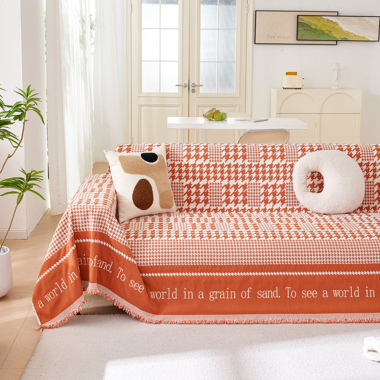 Chenille Houndstooth Couch Cover, Chaise Lounge Blanket Cover, Sectional Couch Scratch Protector