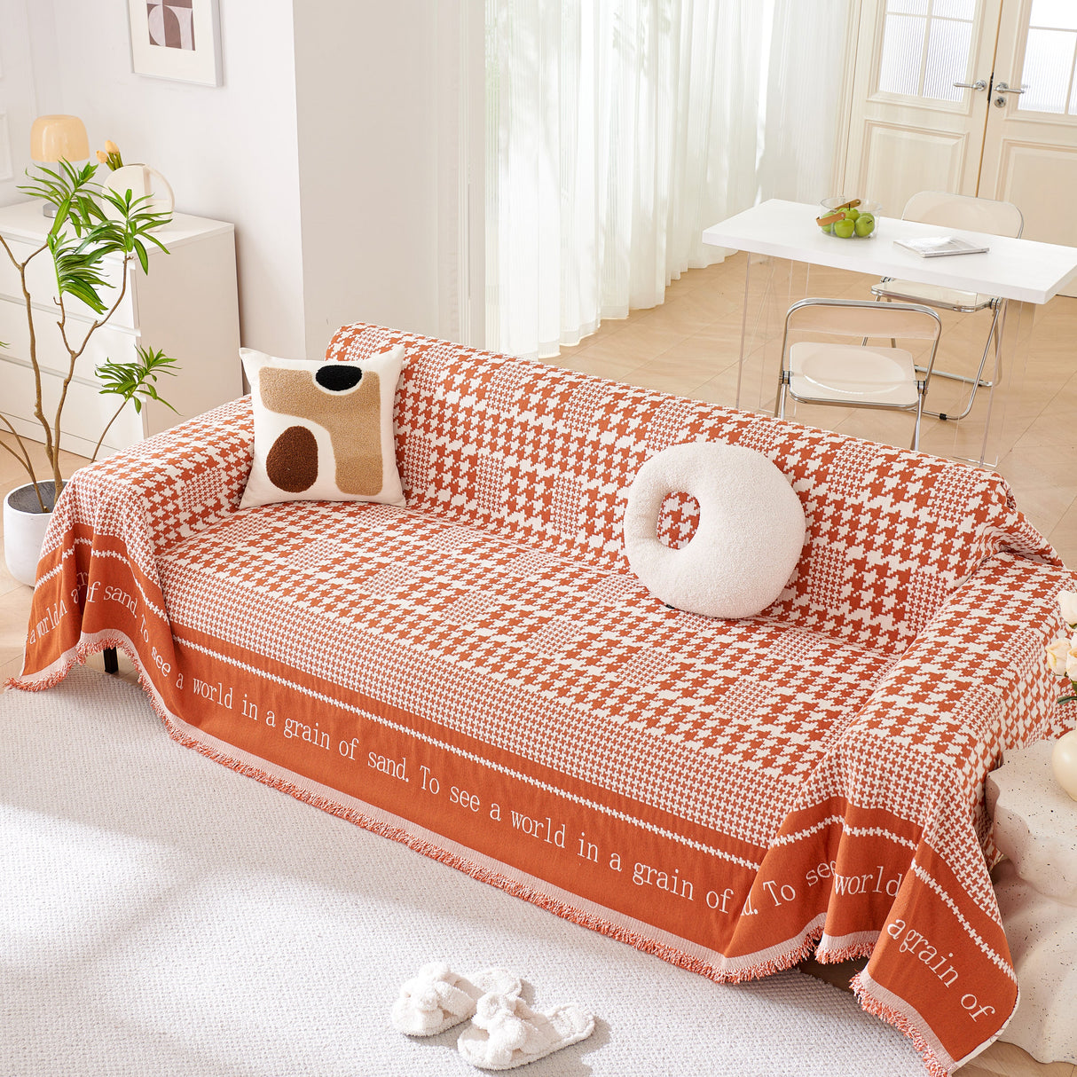 Chenille Houndstooth Couch Cover, Chaise Lounge Blanket Cover, Sectional Couch Scratch Protector