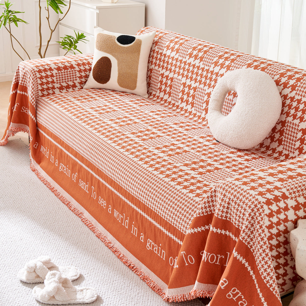 Chenille Houndstooth Couch Cover, Chaise Lounge Blanket Cover, Sectional Couch Scratch Protector