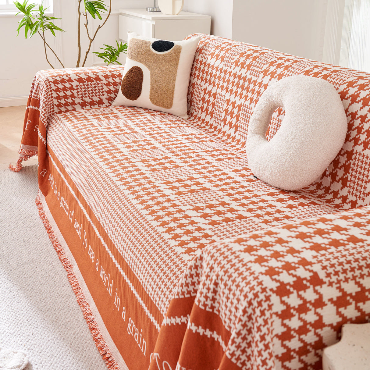 Chenille Houndstooth Couch Cover, Chaise Lounge Blanket Cover, Sectional Couch Scratch Protector