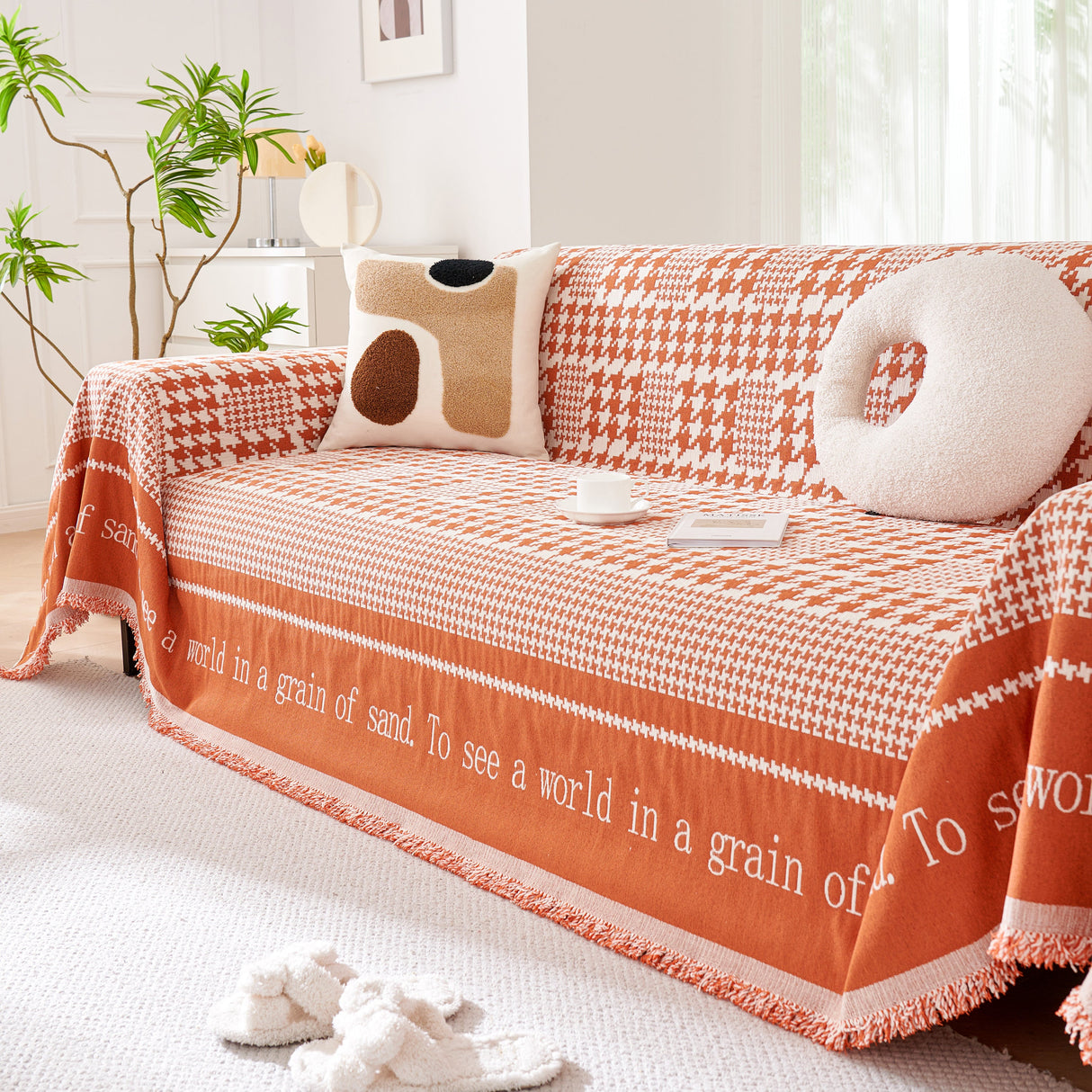 Chenille Houndstooth Couch Cover, Chaise Lounge Blanket Cover, Sectional Couch Scratch Protector