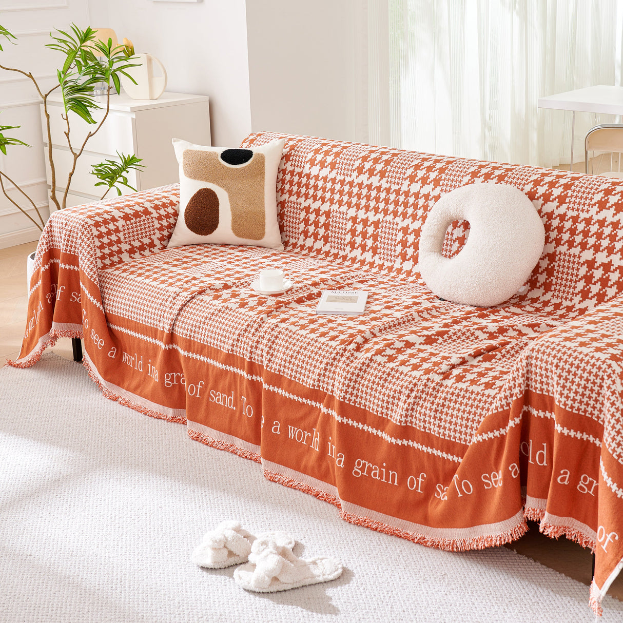 Chenille Houndstooth Couch Cover, Chaise Lounge Blanket Cover, Sectional Couch Scratch Protector