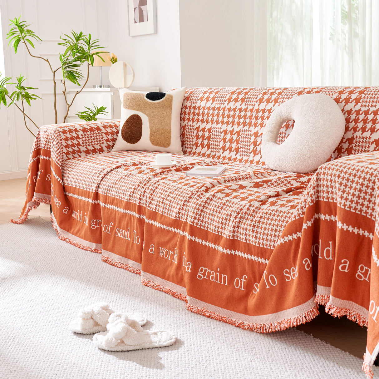 Chenille Houndstooth Couch Cover, Chaise Lounge Blanket Cover, Sectional Couch Scratch Protector