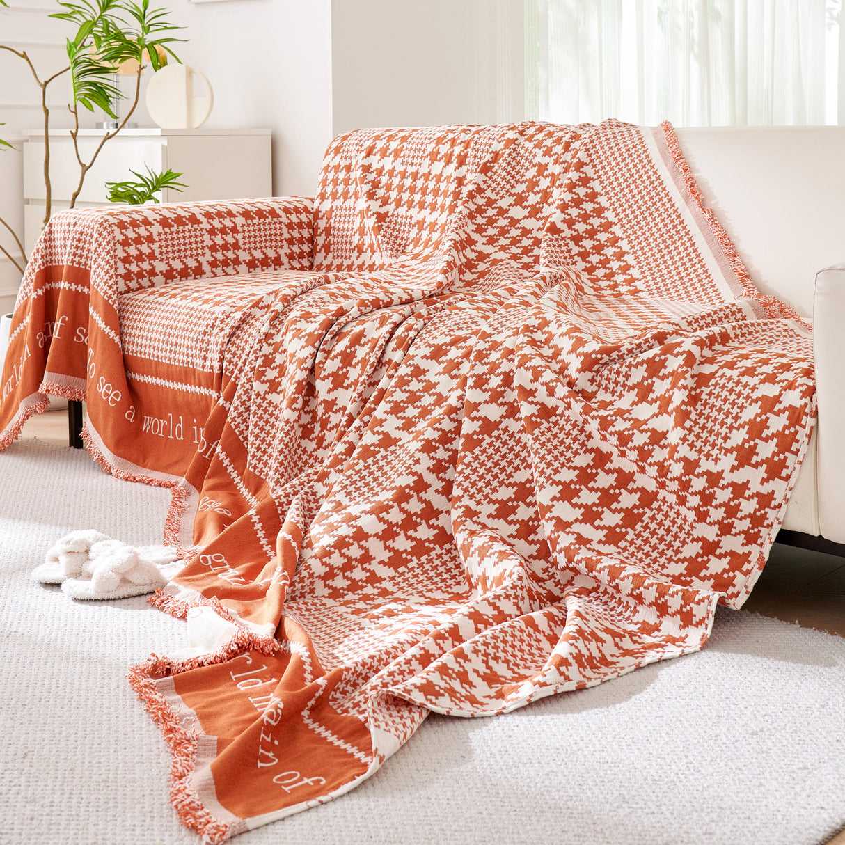 Chenille Houndstooth Couch Cover, Chaise Lounge Blanket Cover, Sectional Couch Scratch Protector