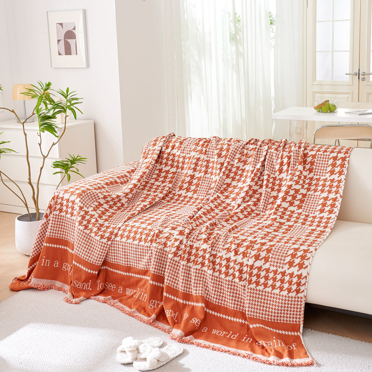 Chenille Houndstooth Couch Cover, Chaise Lounge Blanket Cover, Sectional Couch Scratch Protector