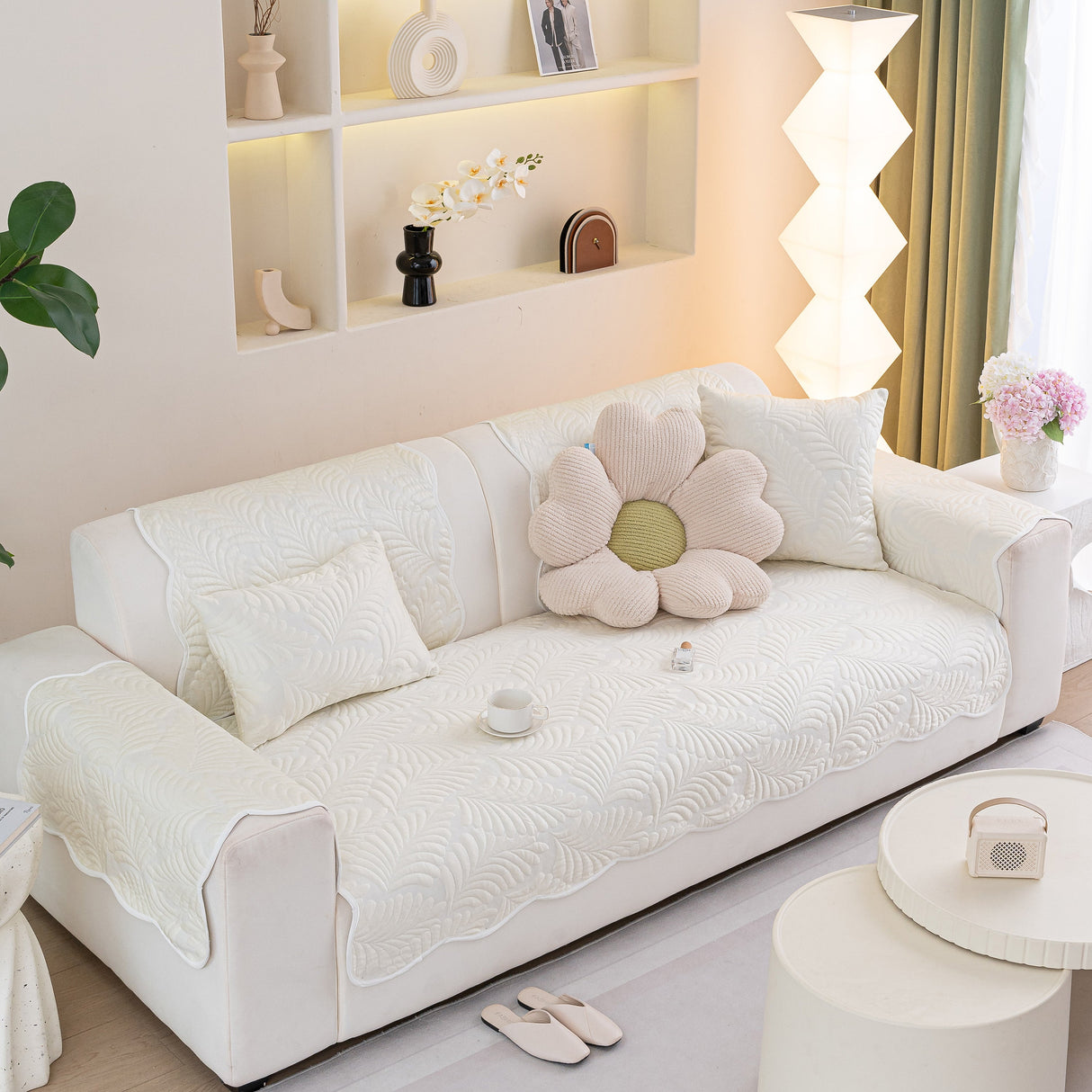 Sofa Cover for Leather & Fabric Couches, 3D Leaf Embossed Quilted Furniture Covers