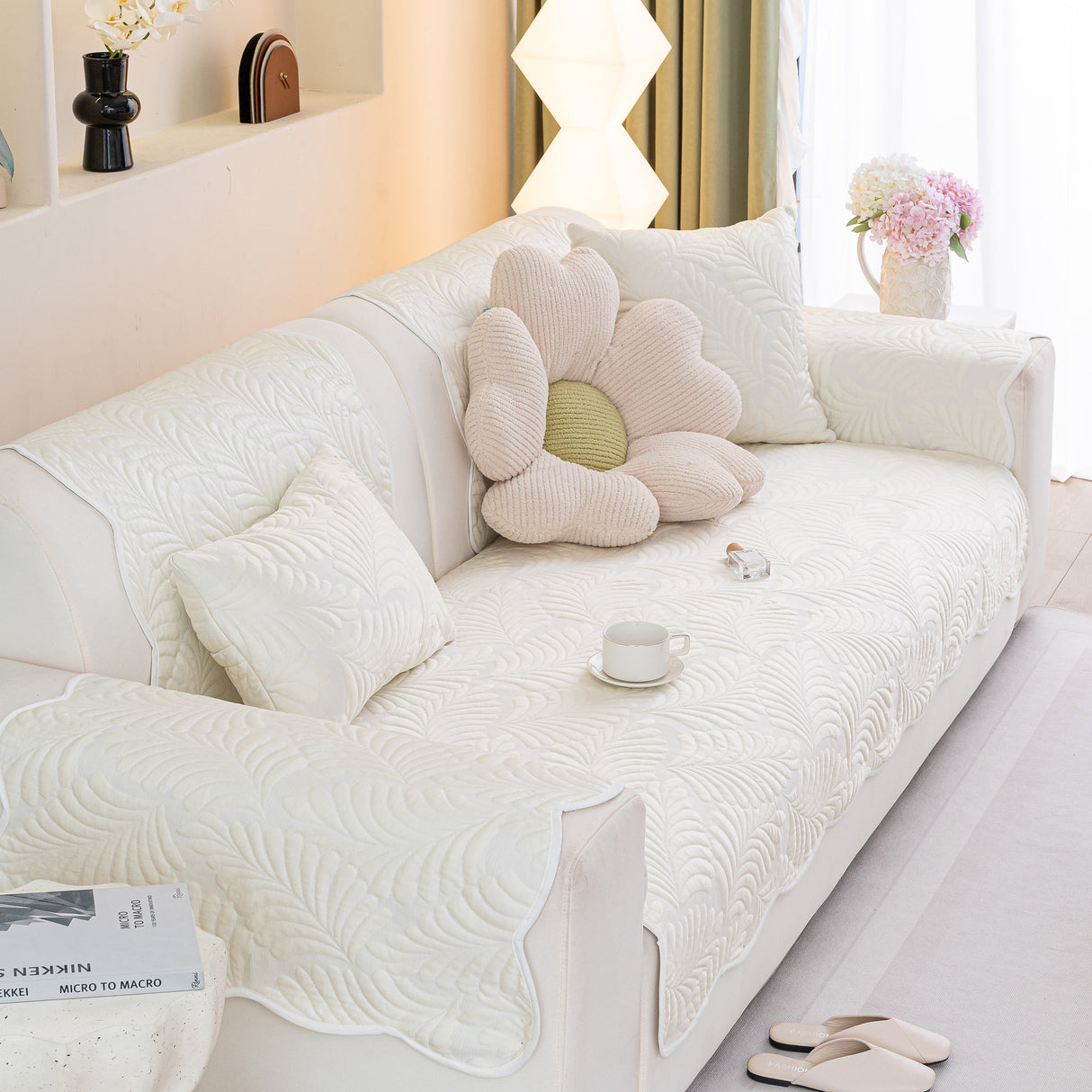 Sofa Cover for Leather & Fabric Couches, 3D Leaf Embossed Quilted Furniture Covers