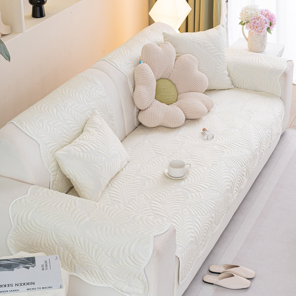 Sofa Cover for Leather & Fabric Couches, 3D Leaf Embossed Quilted Furniture Covers