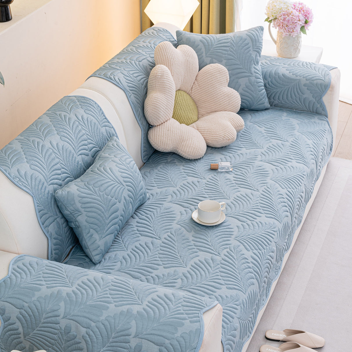 Sofa Cover for Leather & Fabric Couches, 3D Leaf Embossed Quilted Furniture Covers