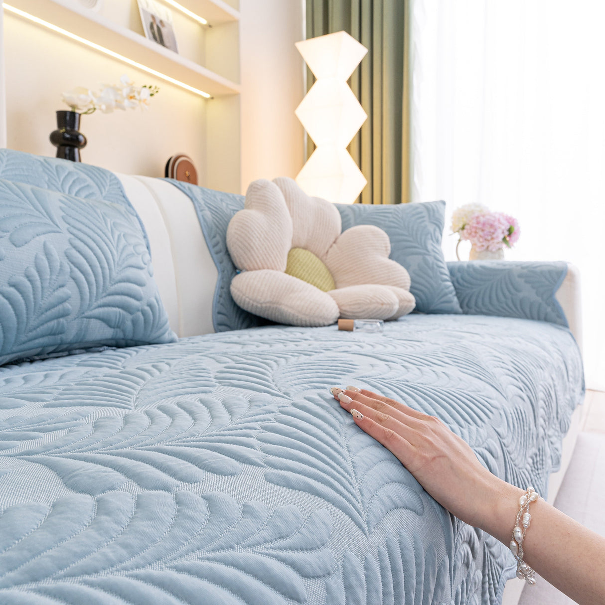 Sofa Cover for Leather & Fabric Couches, 3D Leaf Embossed Quilted Furniture Covers