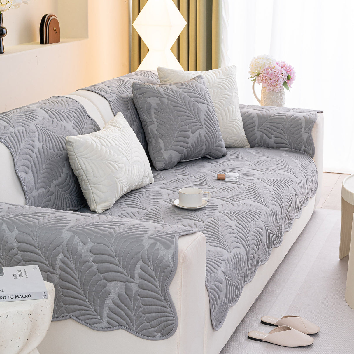 Sofa Cover for Leather & Fabric Couches, 3D Leaf Embossed Quilted Furniture Covers