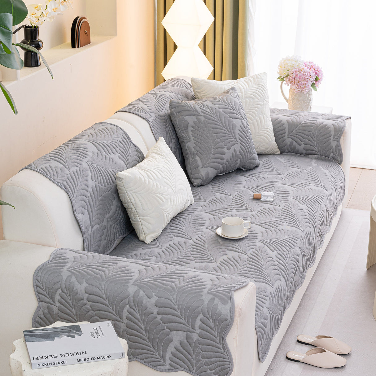 Sofa Cover for Leather & Fabric Couches, 3D Leaf Embossed Quilted Furniture Covers