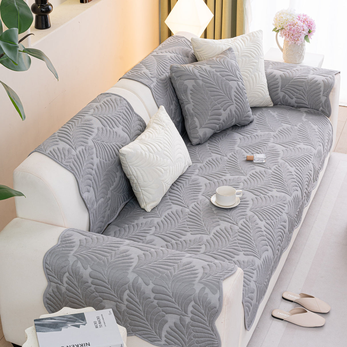 Sofa Cover for Leather & Fabric Couches, 3D Leaf Embossed Quilted Furniture Covers