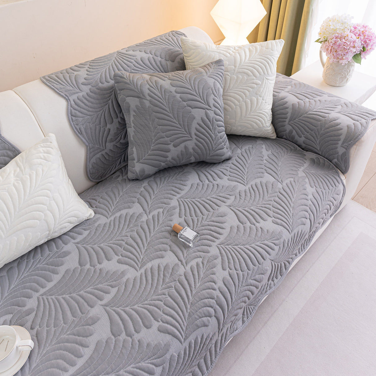 Sofa Cover for Leather & Fabric Couches, 3D Leaf Embossed Quilted Furniture Covers