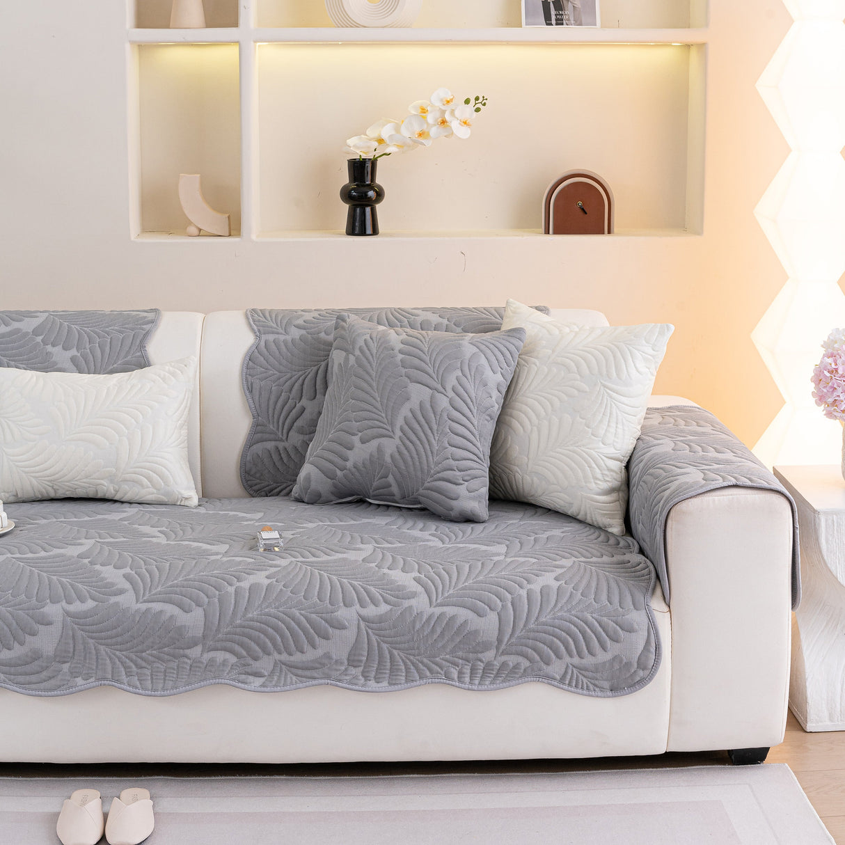 Sofa Cover for Leather & Fabric Couches, 3D Leaf Embossed Quilted Furniture Covers