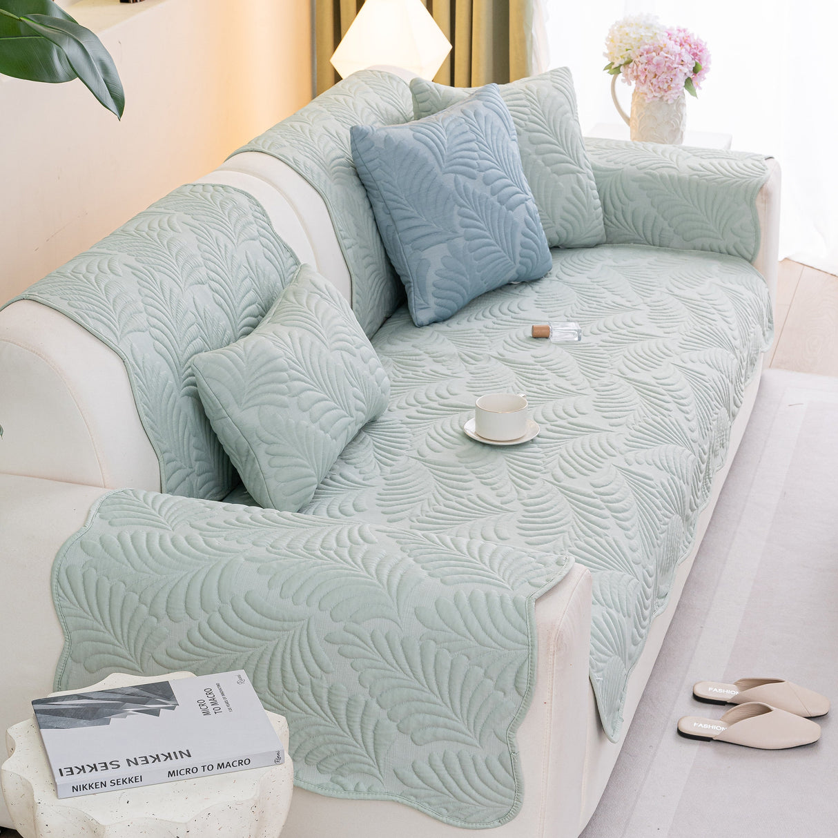 Sofa Cover for Leather & Fabric Couches, 3D Leaf Embossed Quilted Furniture Covers