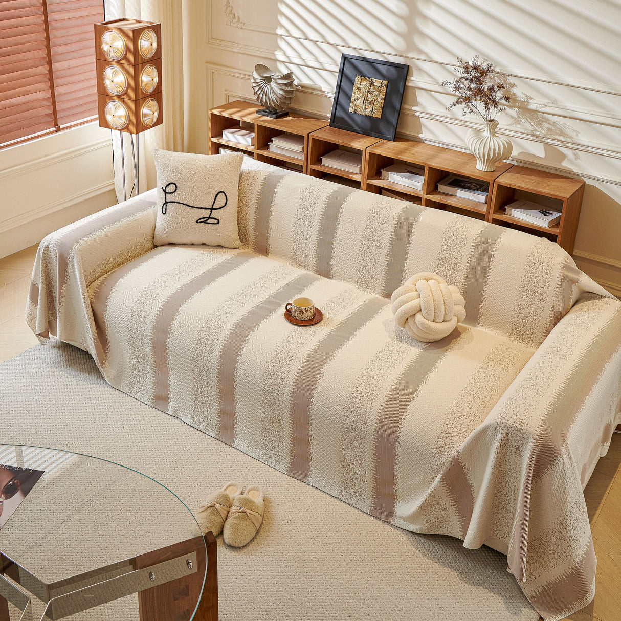 Modern Striped Couch Protector Blanket, Furniture Slipcover for L Shaped Sectionals
