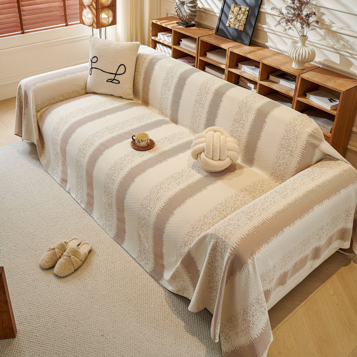 Modern Striped Couch Protector Blanket, Furniture Slipcover for L Shaped Sectionals