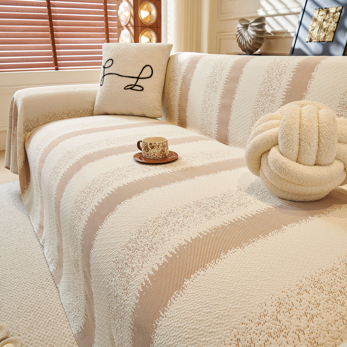 Modern Striped Couch Protector Blanket, Furniture Slipcover for L Shaped Sectionals