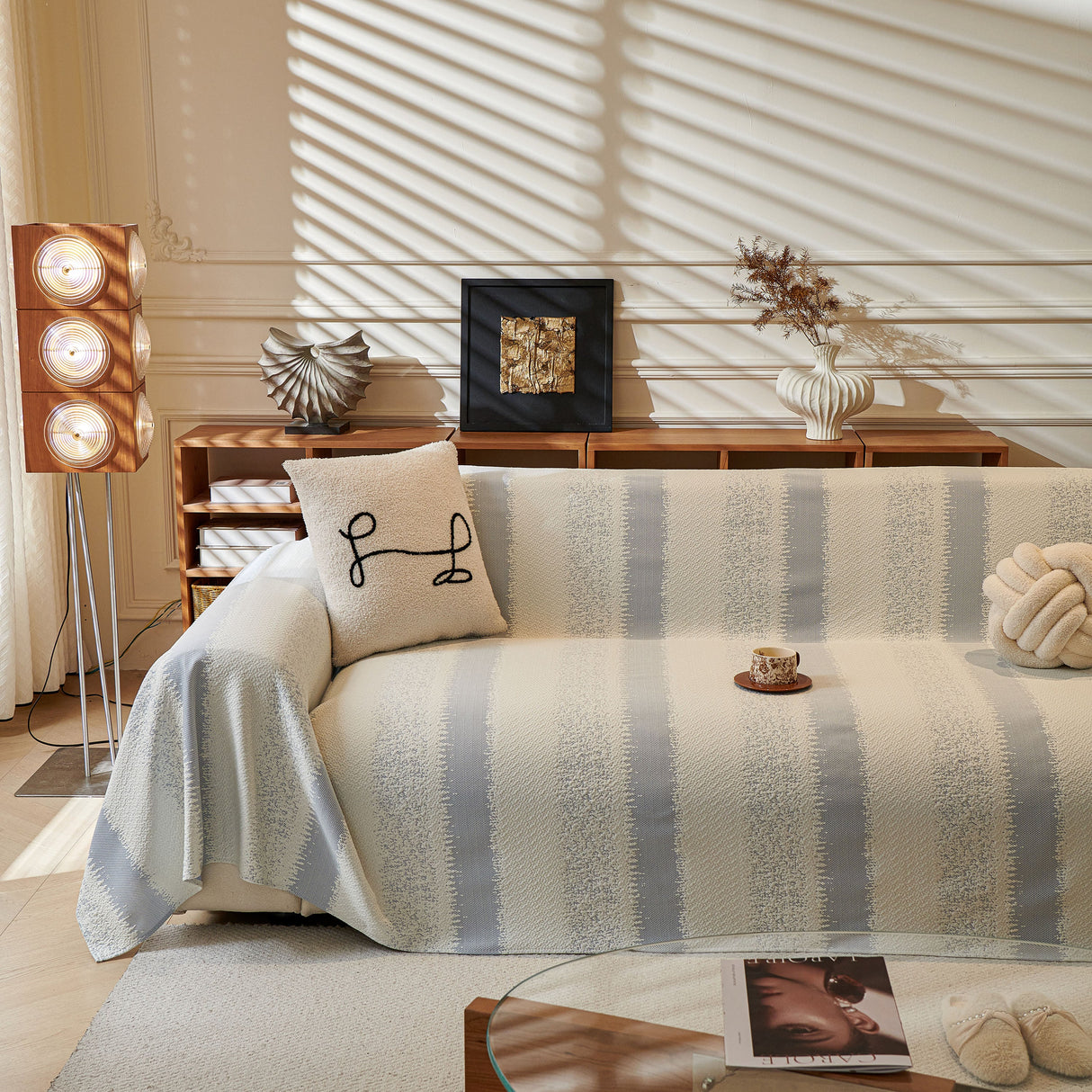 Modern Striped Couch Protector Blanket, Furniture Slipcover for L Shaped Sectionals
