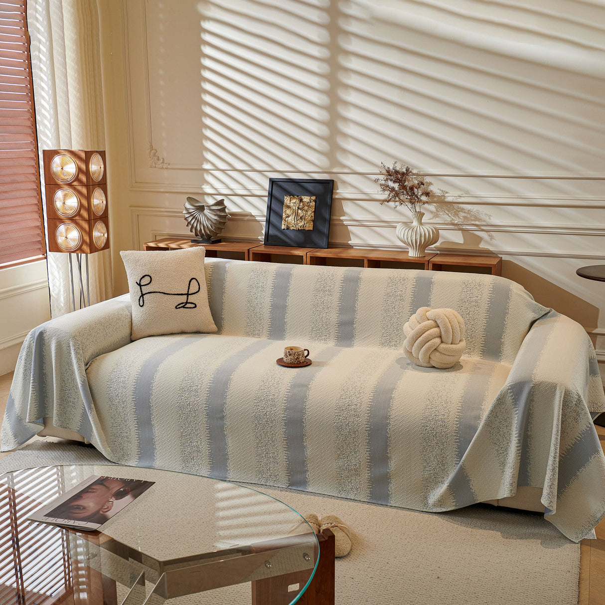 Modern Striped Couch Protector Blanket, Furniture Slipcover for L Shaped Sectionals
