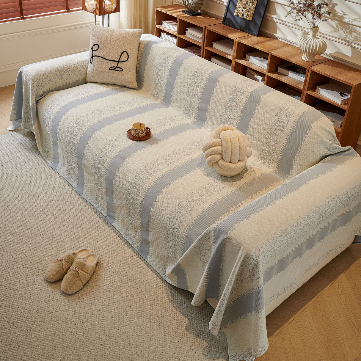 Modern Striped Couch Protector Blanket, Furniture Slipcover for L Shaped Sectionals