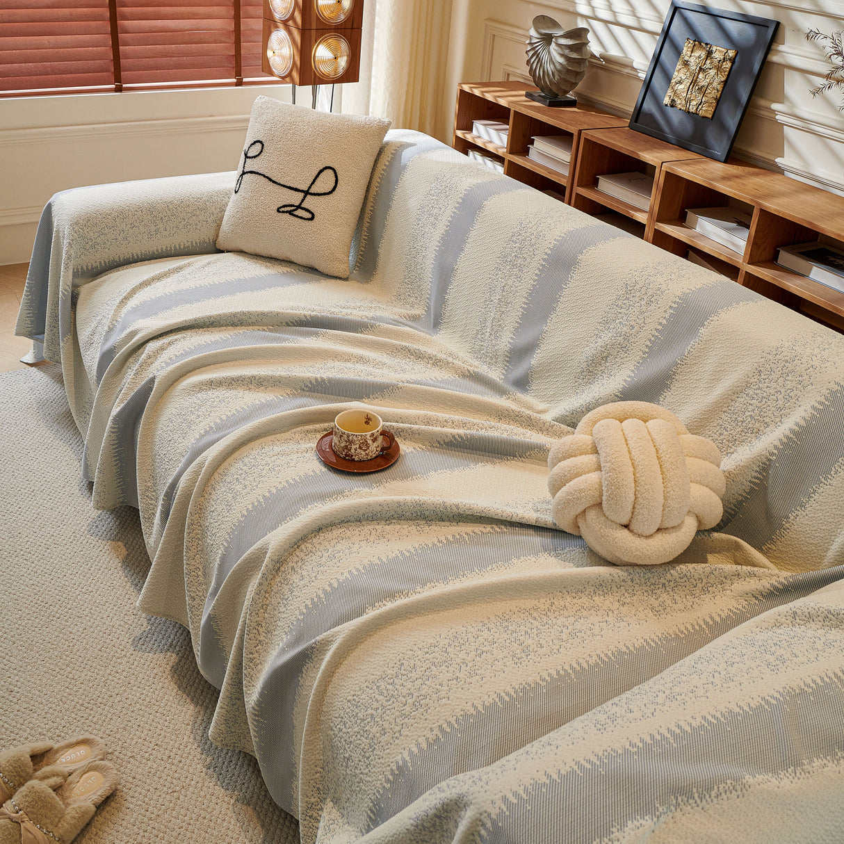 Modern Striped Couch Protector Blanket, Furniture Slipcover for L Shaped Sectionals