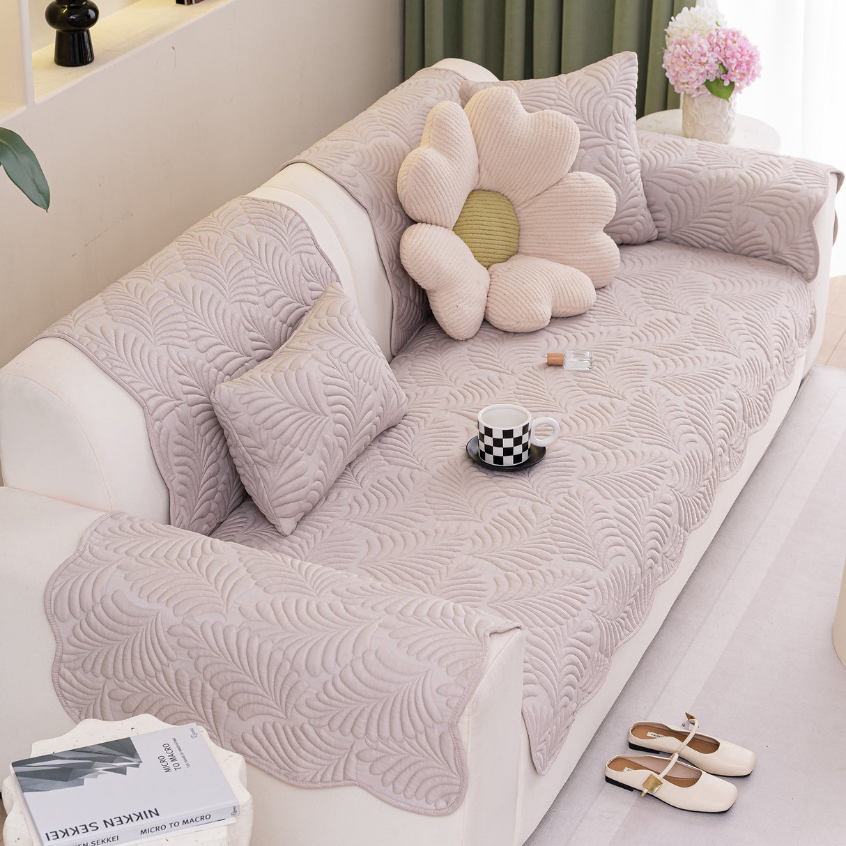 Sofa Cover for Leather & Fabric Couches, 3D Leaf Embossed Quilted Furniture Covers