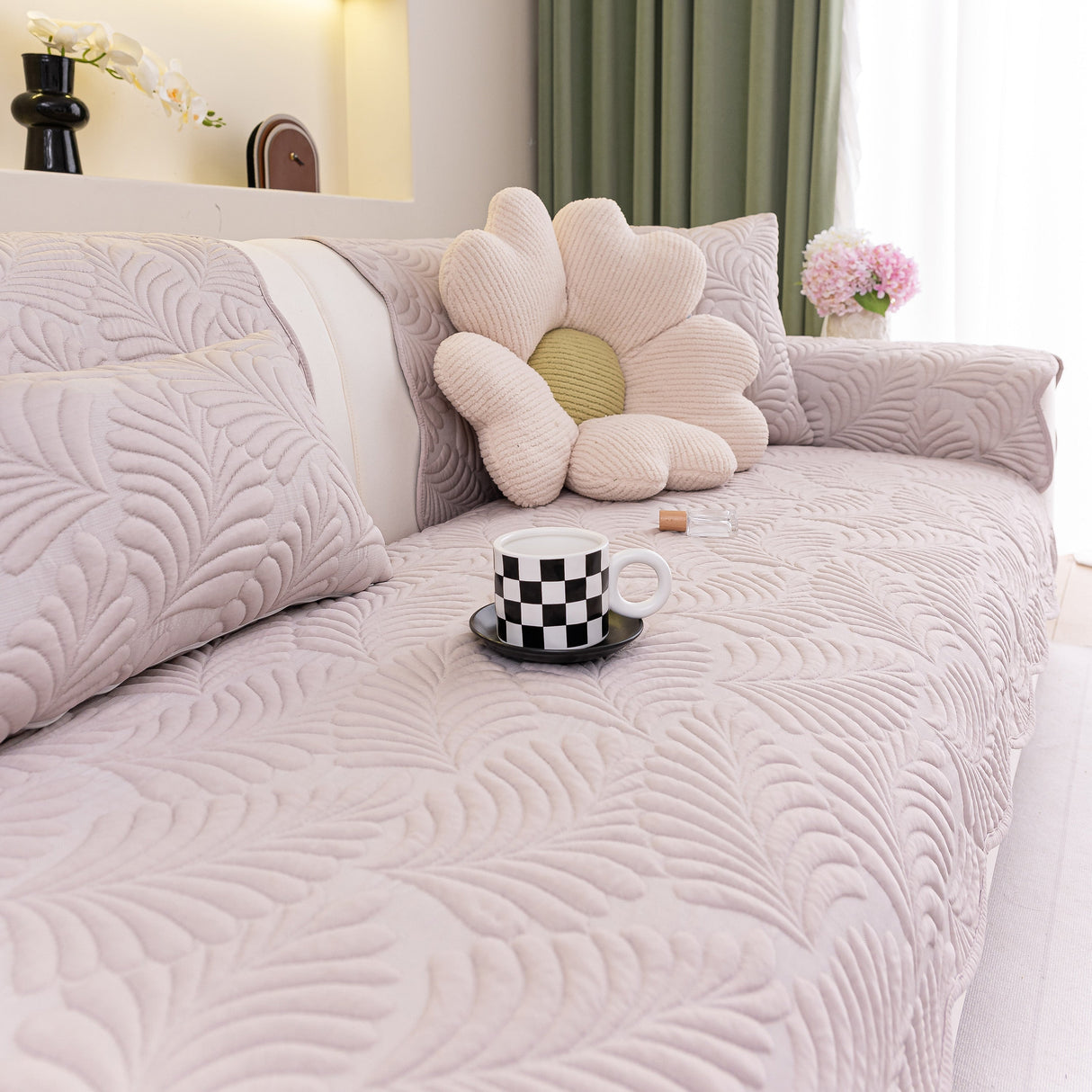 Sofa Cover for Leather & Fabric Couches, 3D Leaf Embossed Quilted Furniture Covers